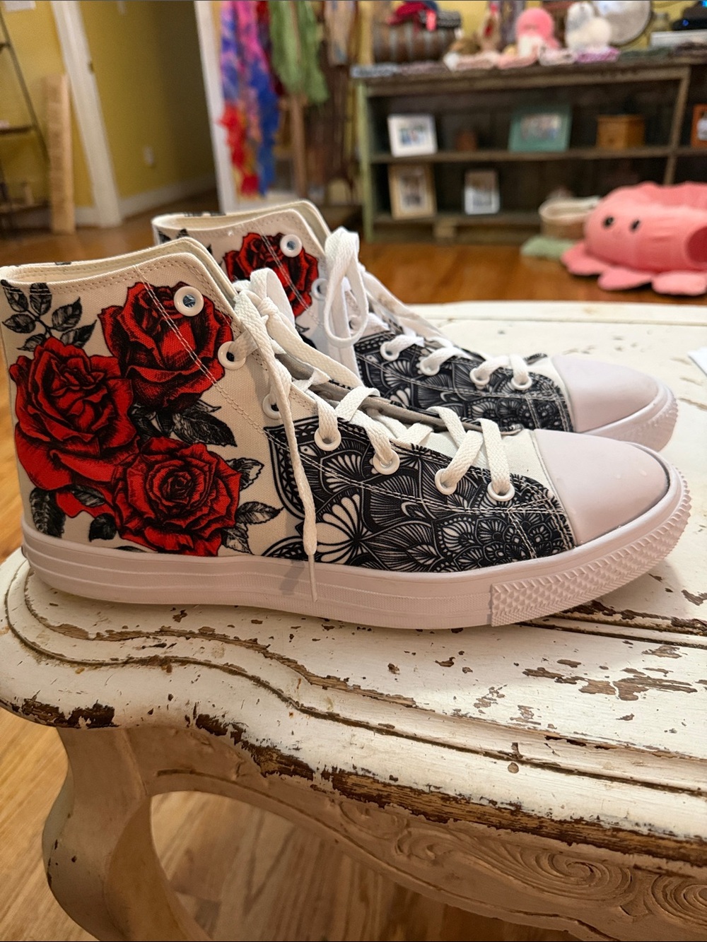 Men's High-Top Canvas Sneakers with Red Rose & Black Graphic Print - White